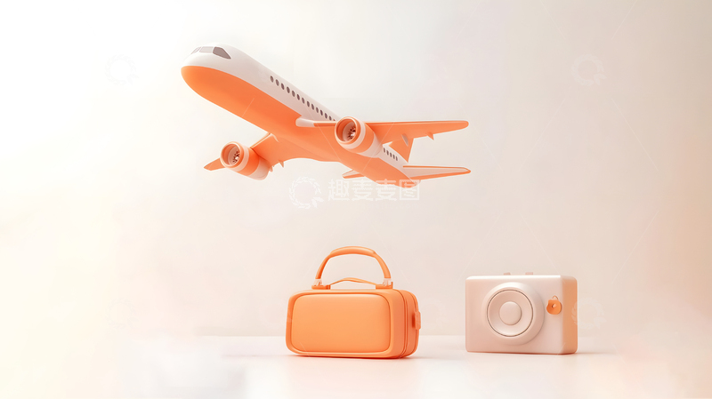 五一出行飞机旅行装备简约橙色3D插画