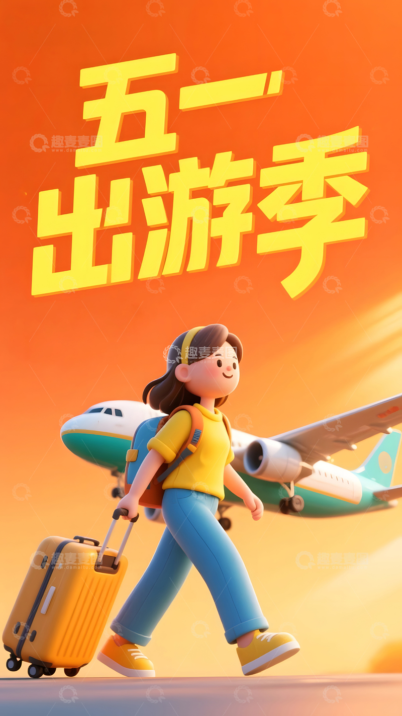 五一出游季女孩行李箱登机插画设计图