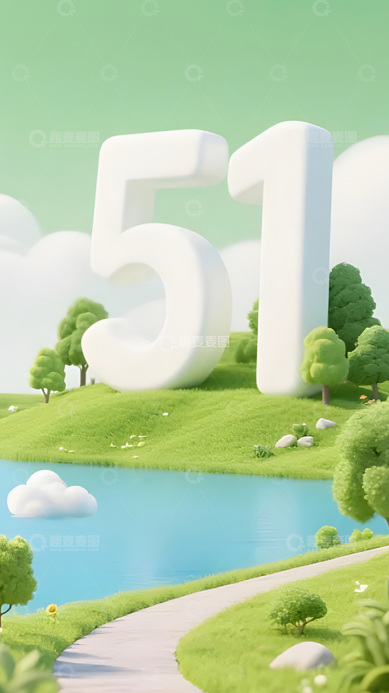 五一出游绿色插画风光数字51设计图
