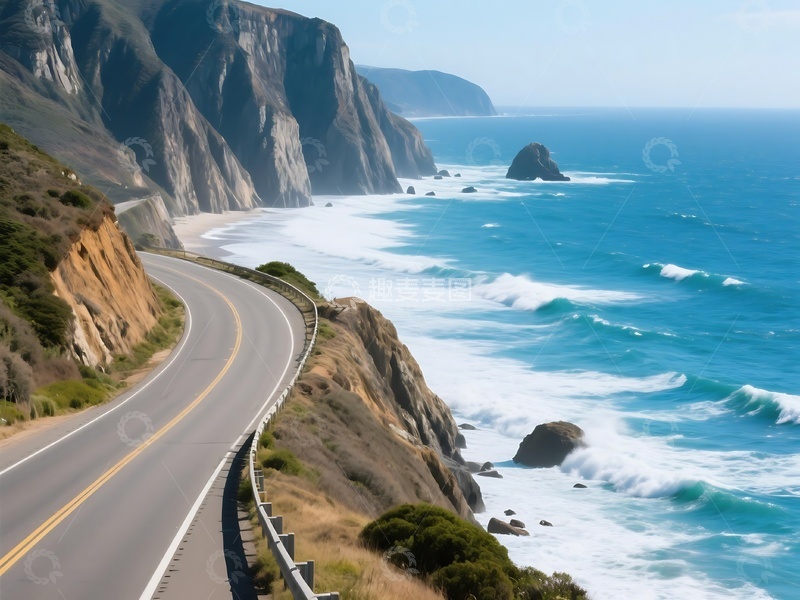 高清大图下载【趣麦麦图】海岸边蜿蜒公路与海浪景观