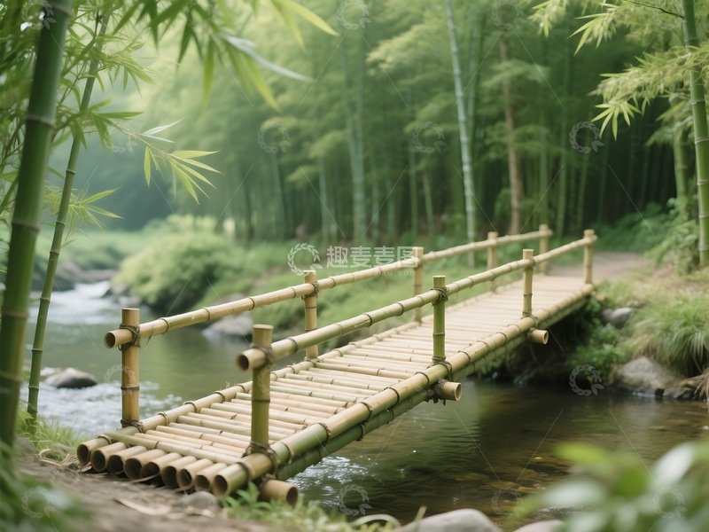 高清大图下载【趣麦麦图】竹林溪流上的简易木桥景致