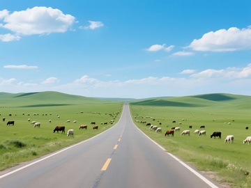 草原上延伸的笔直公路风光