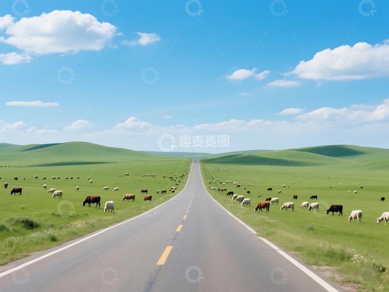 高清大图下载【趣麦麦图】草原上延伸的笔直公路风光