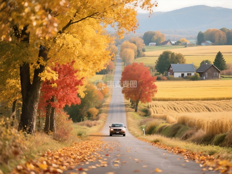 高清大图下载【趣麦麦图】秋日彩林旁的公路风光