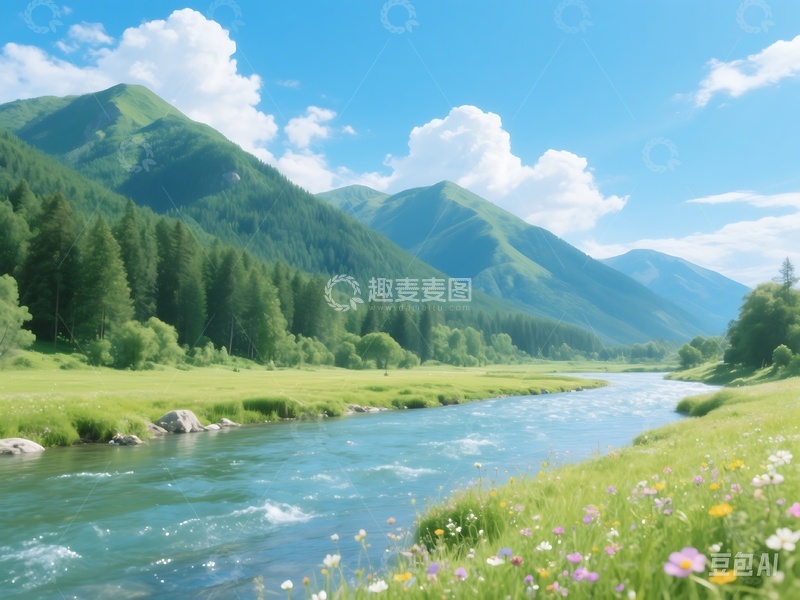 高清大图下载【趣麦麦图】山间河畔与蓝天白云景致1