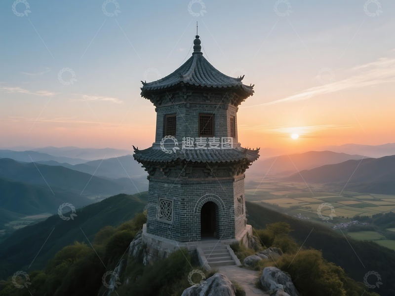 高清大图下载【趣麦麦图】暮色中山间塔楼景致