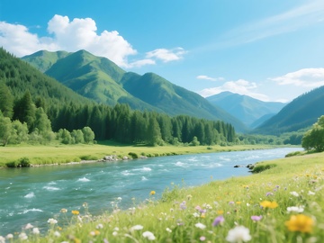 山谷间河流与繁花的清新风光