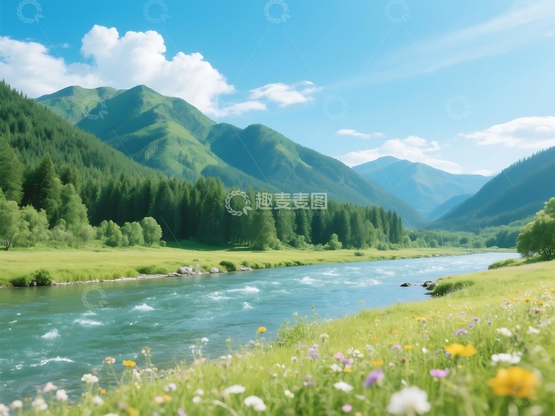 高清大图下载【趣麦麦图】山谷间河流与繁花的清新风光