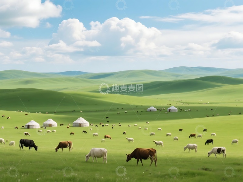 高清大图下载【趣麦麦图】草原上牛羊与蒙古包景观