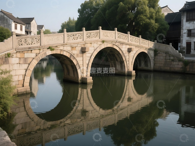 高清大图下载【趣麦麦图】水乡古桥与宁静河道景致