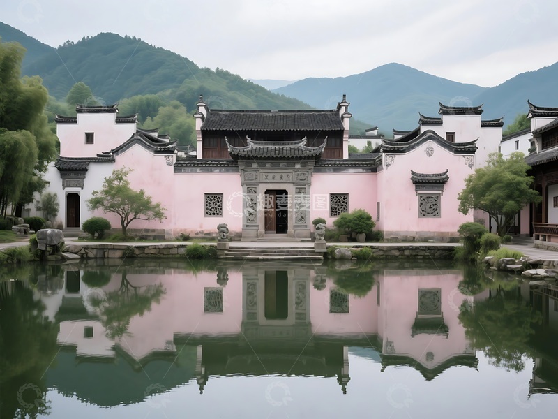 高清大图下载【趣麦麦图】徽派建筑与山水倒影画面