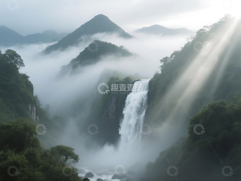 高清大图下载【趣麦麦图】山间晨雾中瀑布与阳光景观1