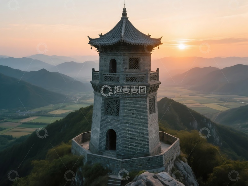 高清大图下载【趣麦麦图】黄昏时山间塔楼与落日景观