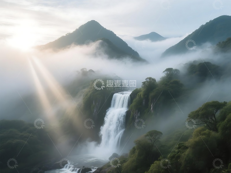 高清大图下载【趣麦麦图】山间晨雾中瀑布与阳光景观