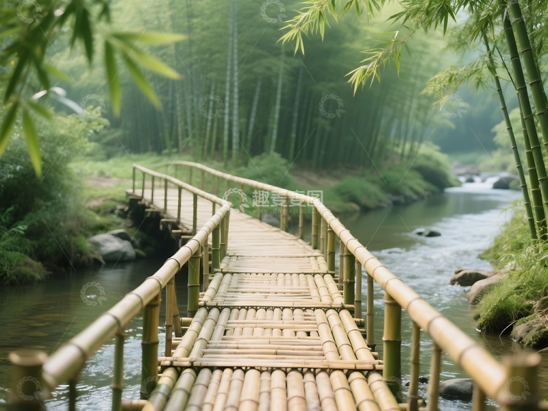 高清大图下载【趣麦麦图】竹林间的古朴木桥风光