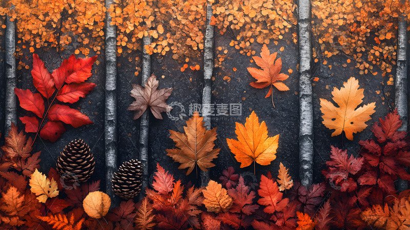 高清大图下载【趣麦麦图】秋天的松果枫叶排列