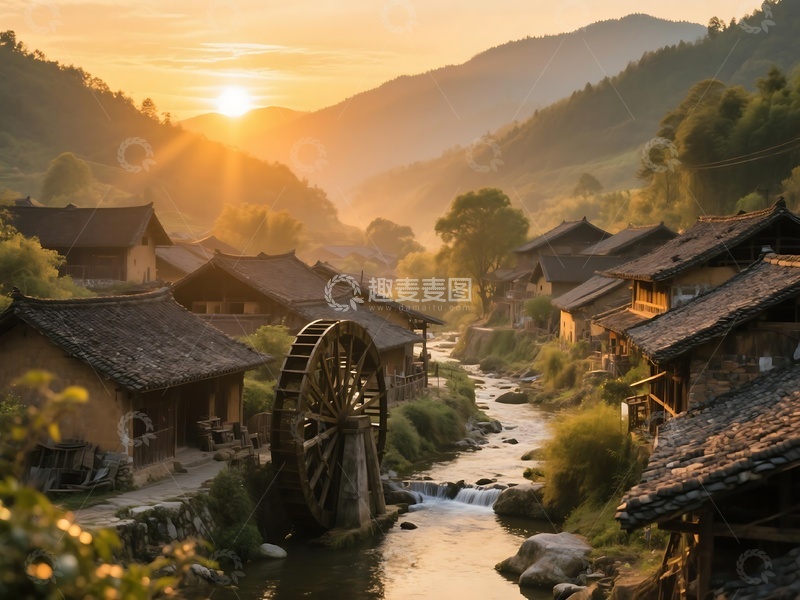 高清大图下载【趣麦麦图】暮色中乡村水车与溪流风光