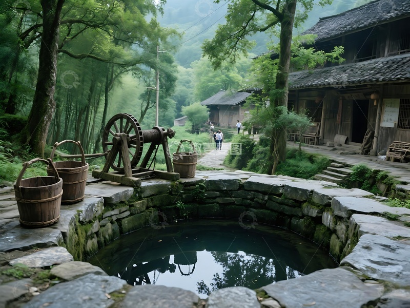 高清大图下载【趣麦麦图】乡村古井与水车怀旧景致