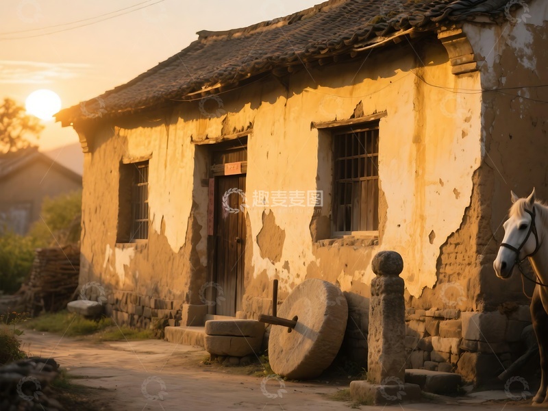 高清大图下载【趣麦麦图】夕阳下沧桑农舍画面