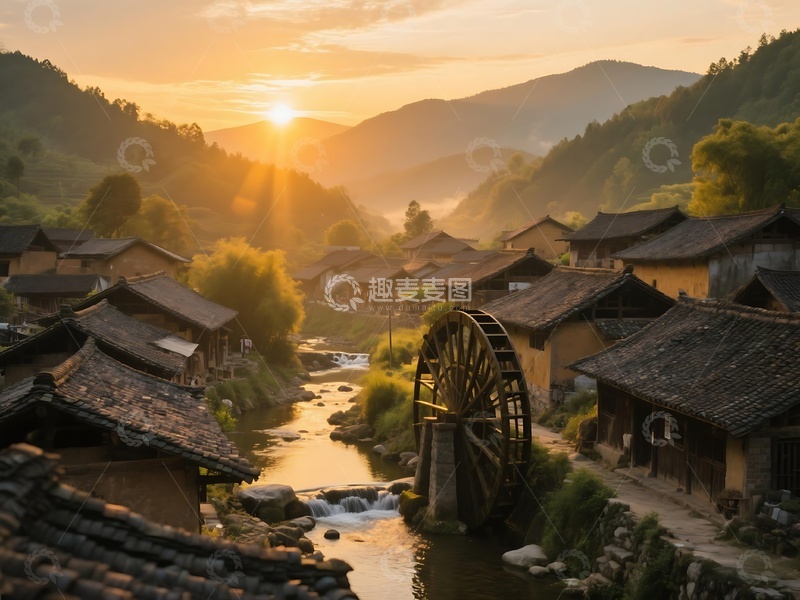 高清大图下载【趣麦麦图】夕阳下溪边古村与水车景致