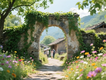 繁花环绕乡村拱门风光