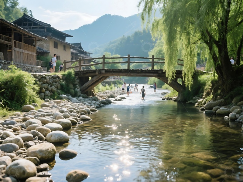 高清大图下载【趣麦麦图】乡村溪流与石桥生活画面