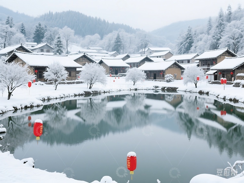 高清大图下载【趣麦麦图】雪后乡村湖泊与屋舍景象