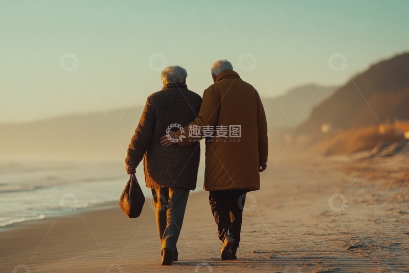 高清大图下载【趣麦麦图】海边行走的老年夫妻