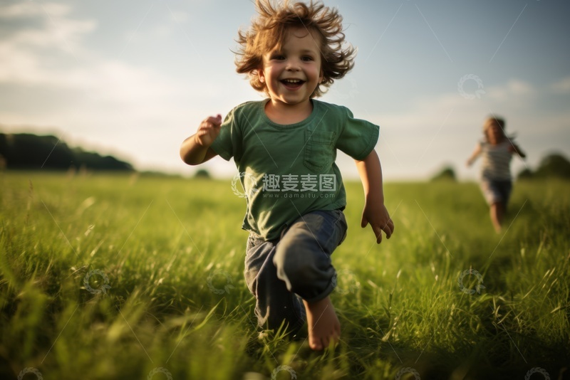 高清大图下载【趣麦麦图】草地上跑步的小男孩