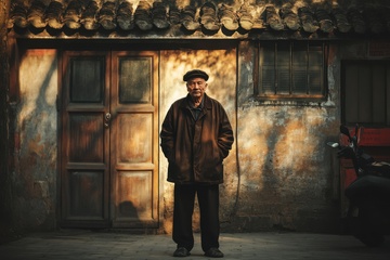 老旧房屋前拍照的老人