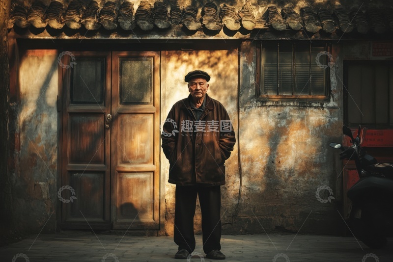 高清大图下载【趣麦麦图】老旧房屋前拍照的老人