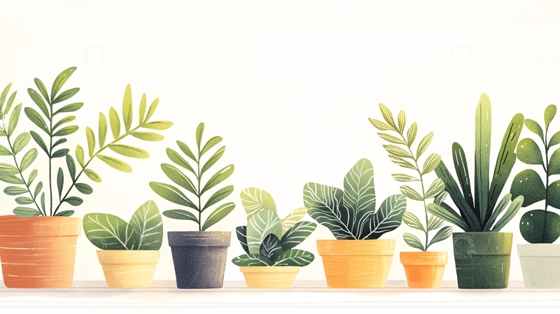 高清大图下载【趣麦麦图】一排盆栽植物的插画