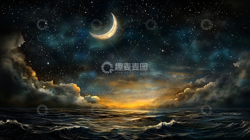 高清大图下载【趣麦麦图】星空月亮与海面的绘画