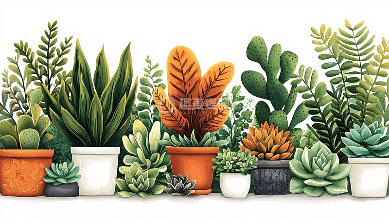 高清大图下载【趣麦麦图】植物盆栽水彩风格