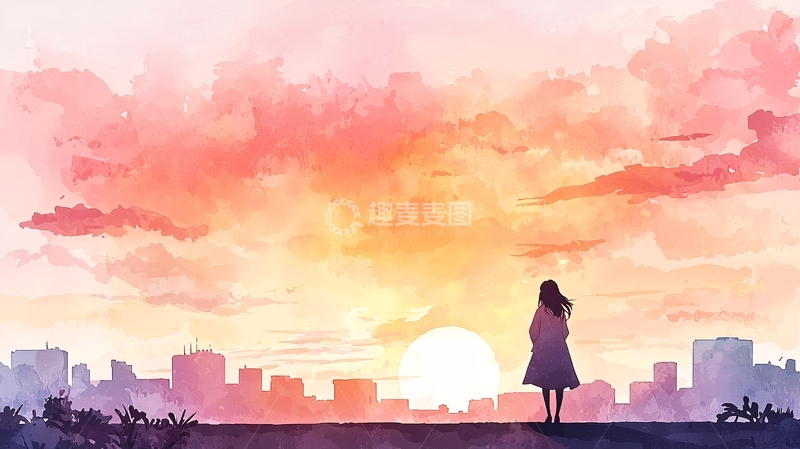 高清大图下载【趣麦麦图】动漫少女背影看日落