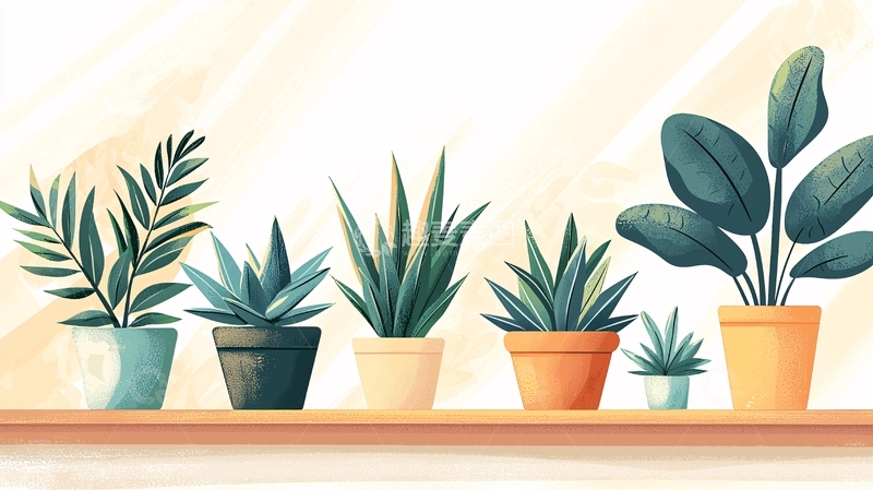 高清大图下载【趣麦麦图】一排盆栽植物在架子上