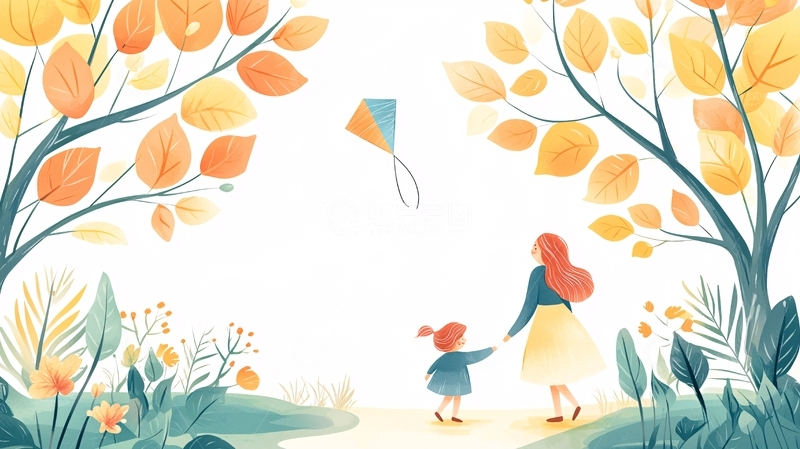 高清大图下载【趣麦麦图】母亲和女儿在秋天放风筝