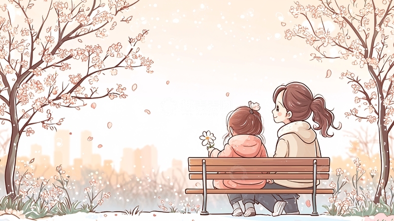 高清大图下载【趣麦麦图】母女坐在长椅上看樱花
