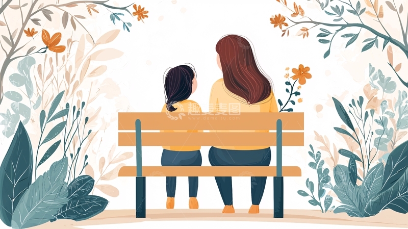 高清大图下载【趣麦麦图】-母亲和女儿在长椅上