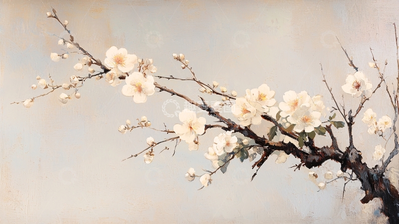 高清大图下载【趣麦麦图】盛开的白色花朵树枝画作