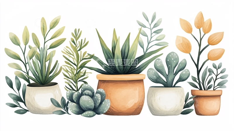 高清大图下载【趣麦麦图】多种盆栽植物水彩风格