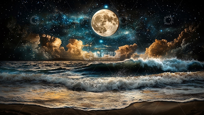 高清大图下载【趣麦麦图】月夜海浪高清图片
