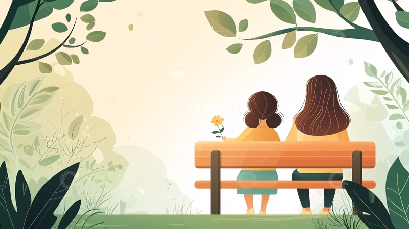 高清大图下载【趣麦麦图】母女坐在公园长椅上