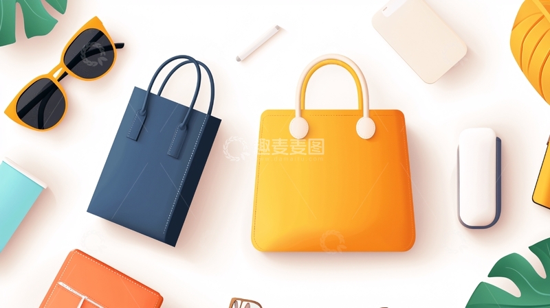 高清大图下载【趣麦麦图】购物袋和度假用品的明快场景