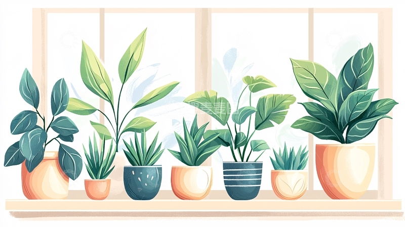 高清大图下载【趣麦麦图】窗台上的盆栽植物插画