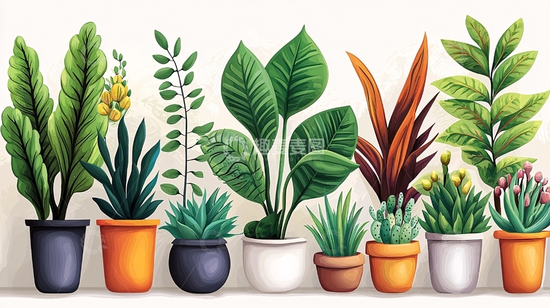 高清大图下载【趣麦麦图】多种盆栽植物一字排开