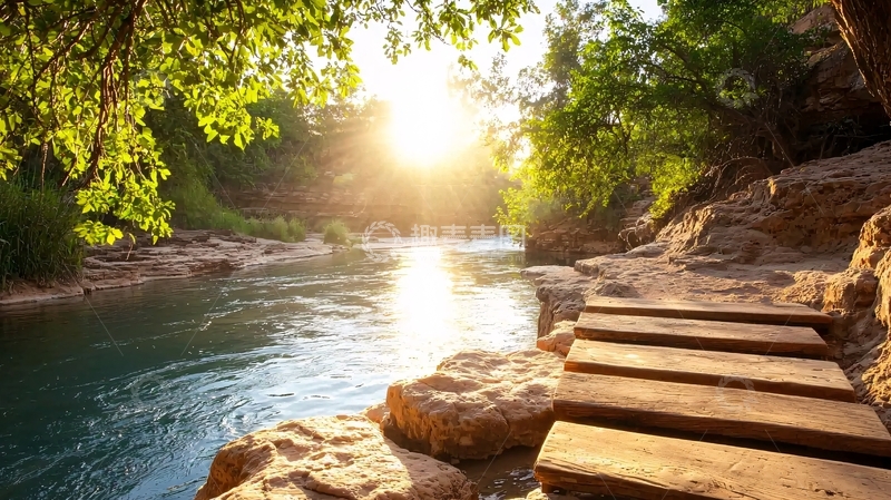 高清大图下载【趣麦麦图】阳光下的河流木桥自然风景
