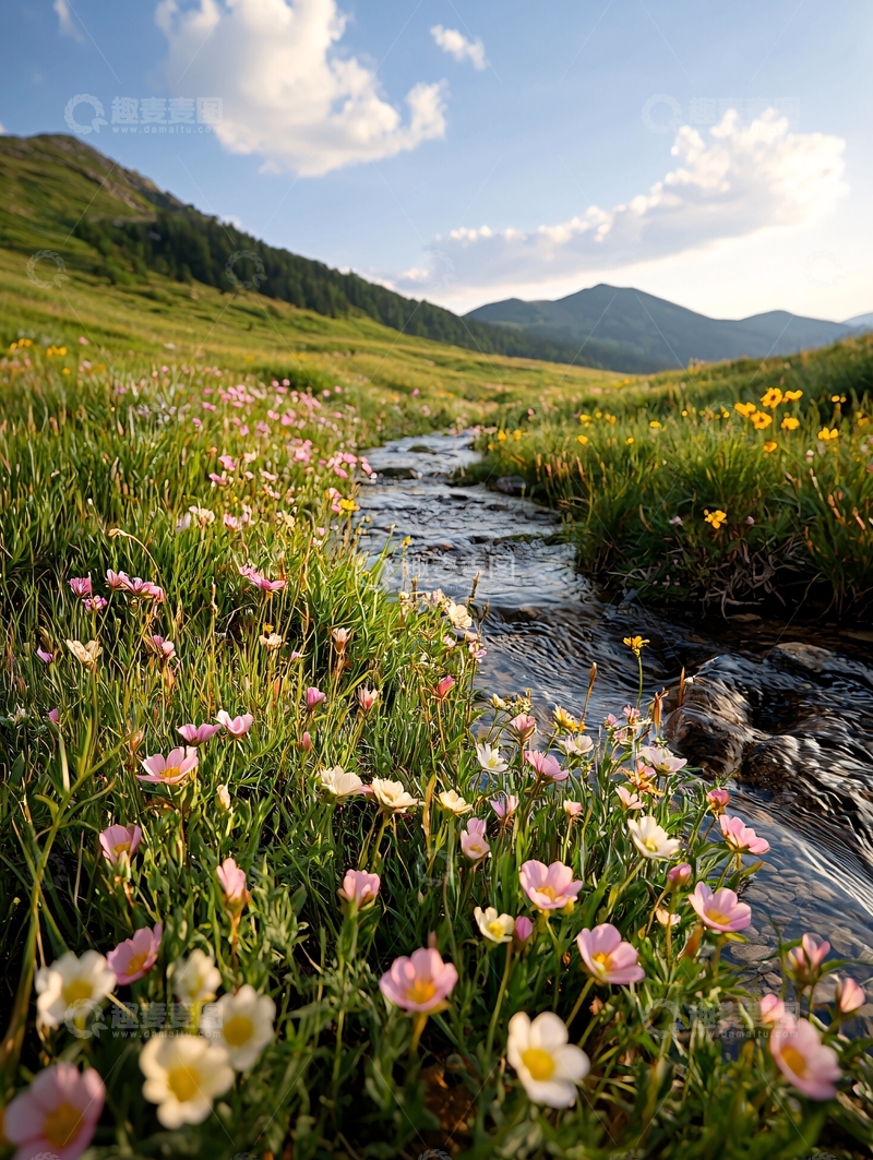 高清大图下载【趣麦麦图】野花遍地溪流山景