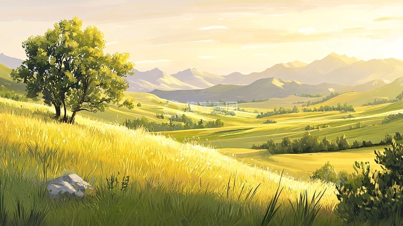 高清大图下载【趣麦麦图】金色草原与远处山脉