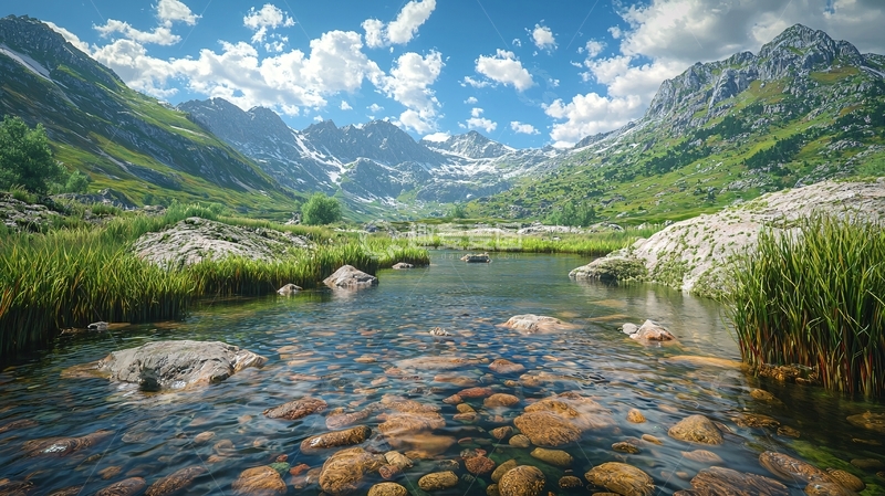 高清大图下载【趣麦麦图】高山草甸清澈溪流